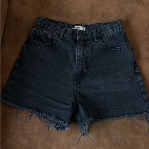 Pull&Bear Black Jean Shorts High-Waisted Frayed Hem